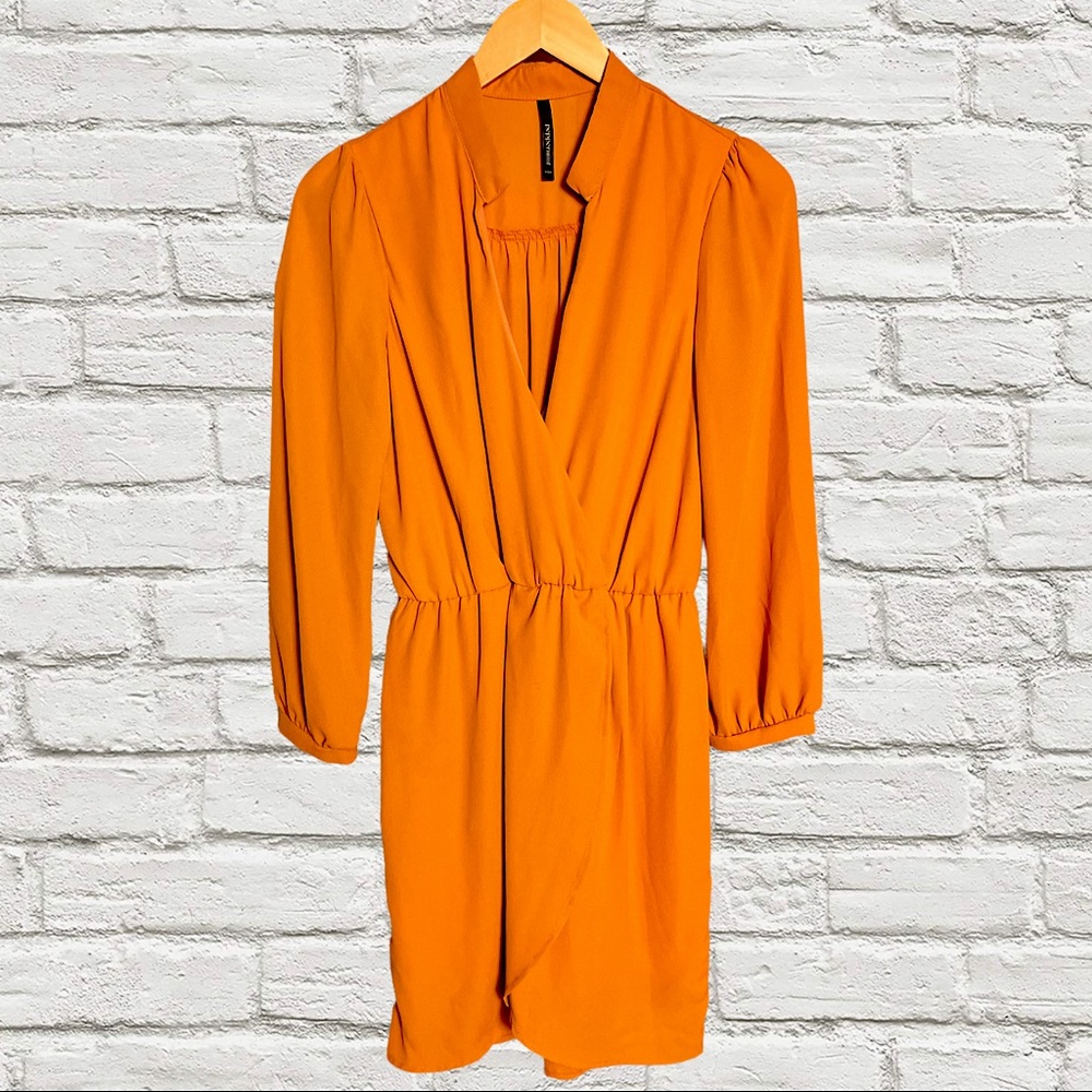 Pumpkin Orange Pullover Faux Wrap Dress With Sleeves